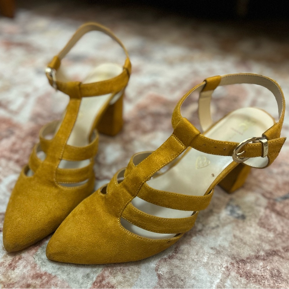 Vegan Suede Chunky Mustard Yellow Heels